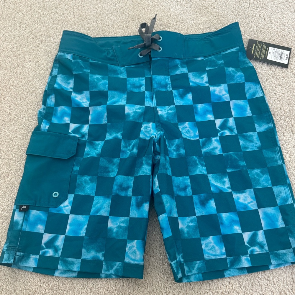 Kids swim trucks.Art Class/Target.Brand new.Size 14.Teal & blue checkered patter